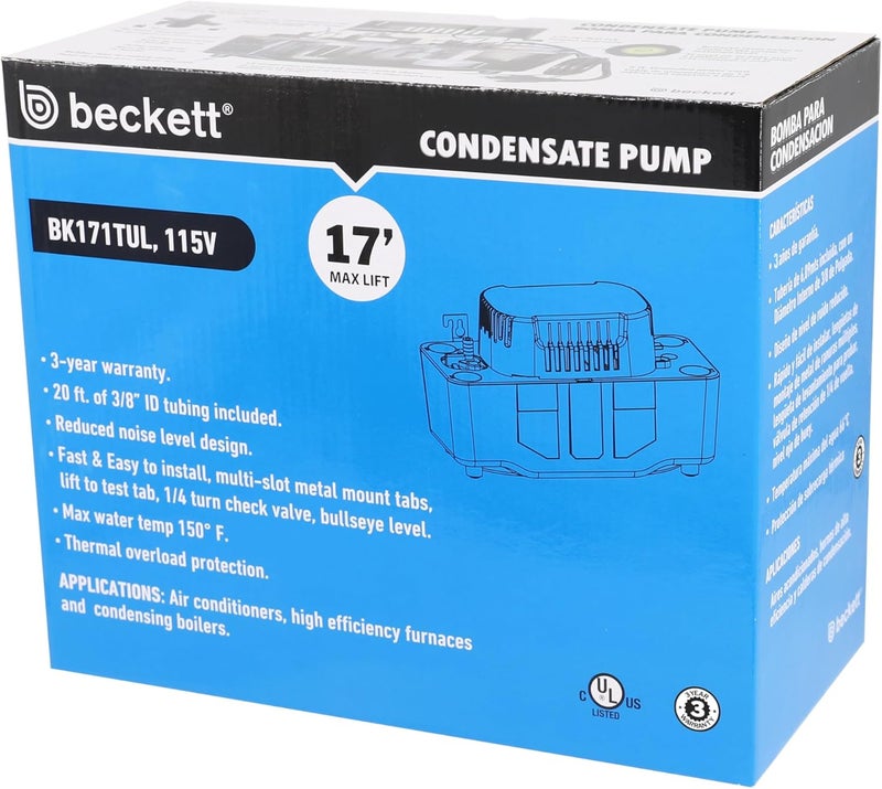 Beckett BK171TUL Condensate Pump with Safety Switch, 115V, 17 ft Max Lift, 112 GPH, Automatic On/Off Operation, Black, and 20 ft of 3/8" vinly tubing - Image 5